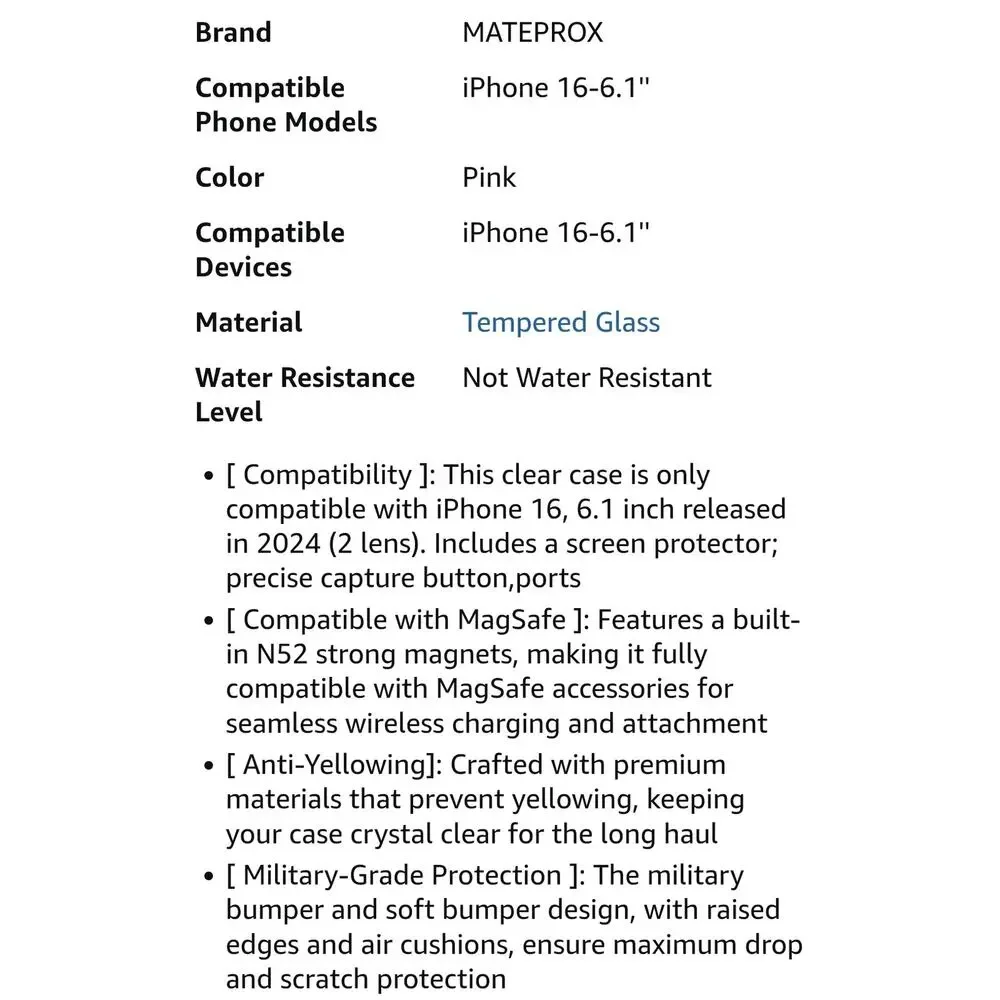 MATEPROX Magnetic Pink Clear iPhone 16 Case MagSafe 6.1